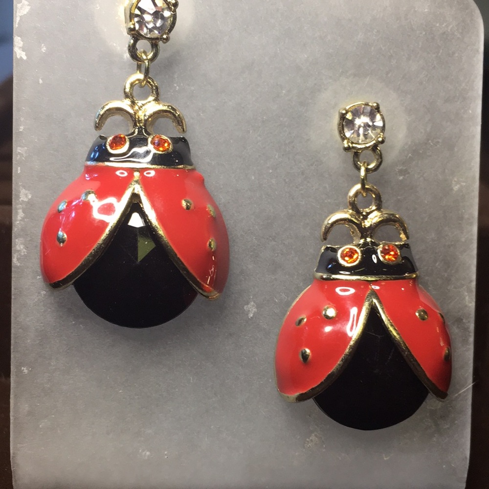 Betsey Johnson red & black enamel ladybug, red rhinestone eyes dangle earrings - Picture 3 of 9